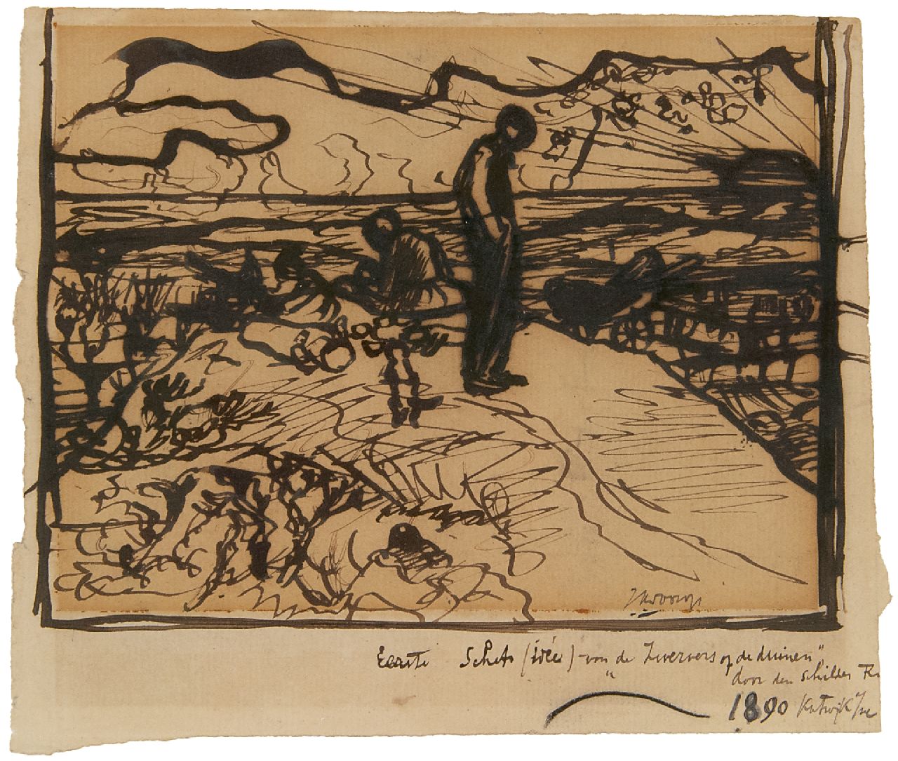 Toorop J.Th. | Johannes Theodorus 'Jan' Toorop | Aquarellen en tekeningen te koop aangeboden | Zwervers op de duinen, pen en inkt op papier 12,1 x 14,4 cm, gesigneerd rechtsonder en gedateerd m.o. 1890 Toorop J.Th. | Johannes Theodorus 'Jan' Toorop | Aquarellen en tekeningen te koop aangeboden | Zwervers op de duinen, pen en inkt op papier 12,1 x 14,4 cm, gesigneerd rechtsonder en gedateerd m.o. 1890