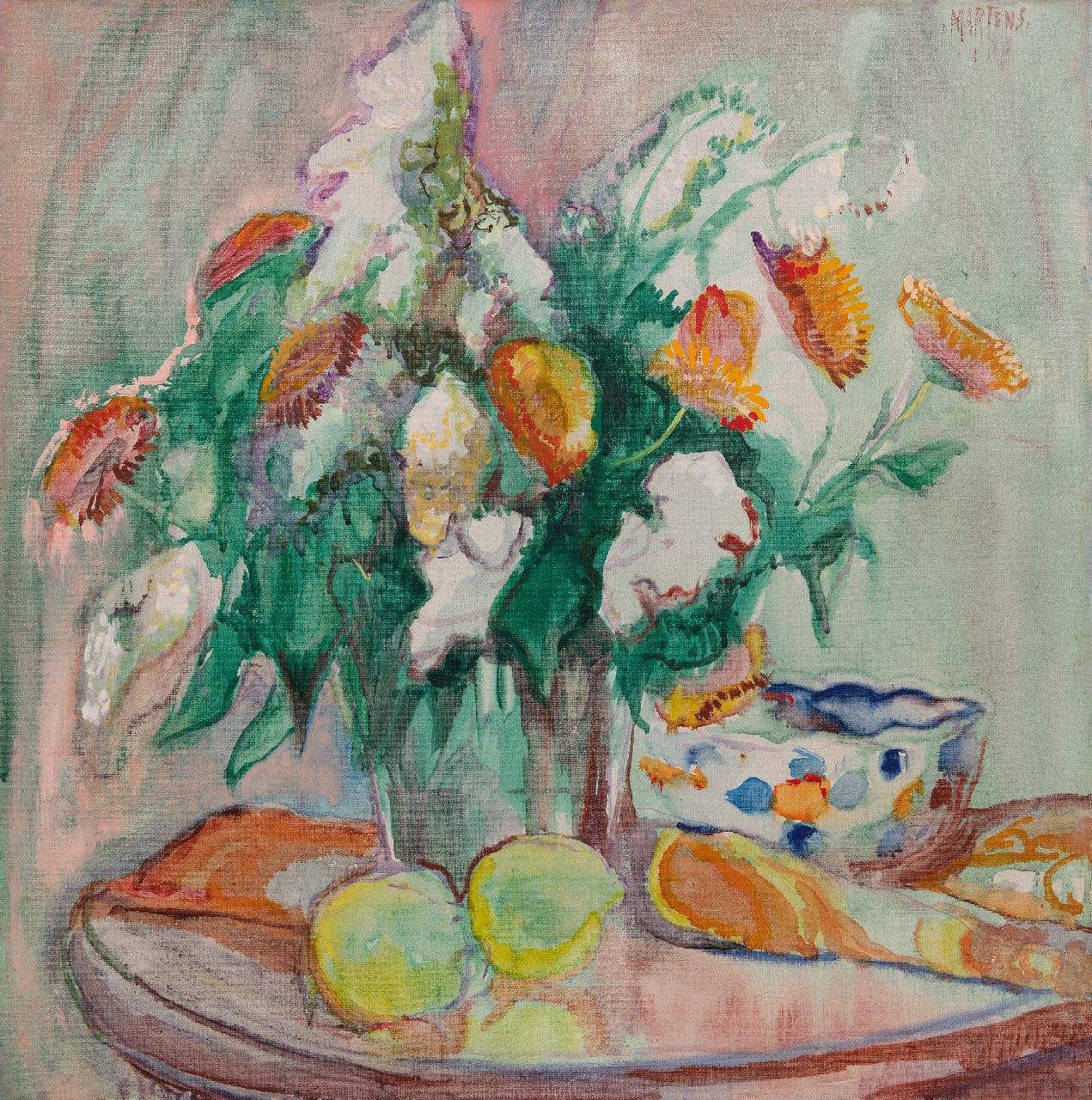 Martens G.G.  | Gijsbert 'George' Martens | Schilderijen te koop aangeboden | Bloemstilleven met citroenen, benzinerel en wasverf op doek 50,3 x 50,3 cm, gesigneerd rechtsboven