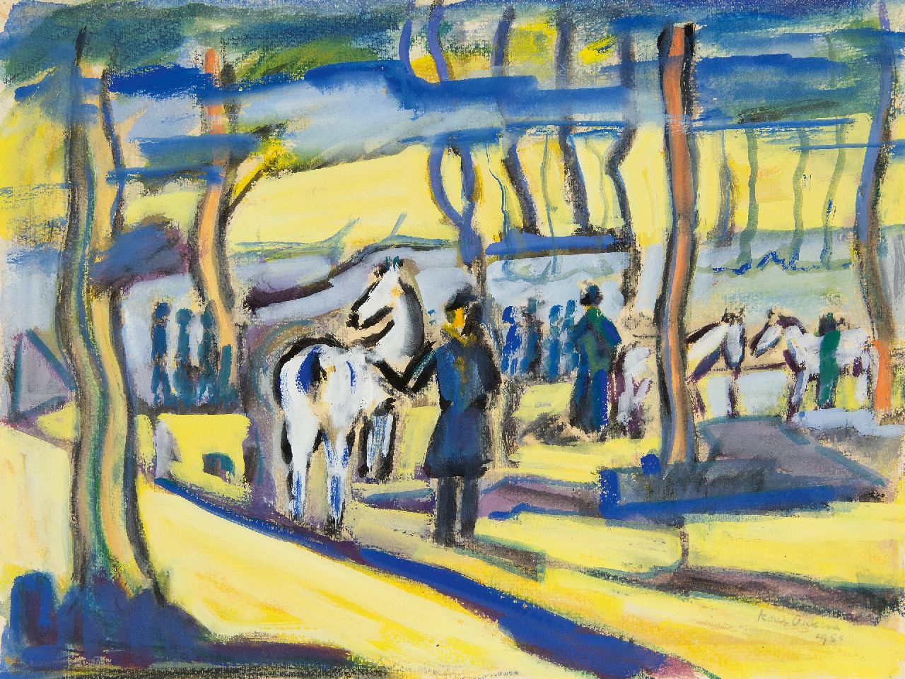 Arkema K.F. | 'Karel' Frederik Arkema | Aquarellen en tekeningen te koop aangeboden | Figuren en paarden in gekleurd landschap, gouache op papier 37,5 x 49,7 cm, gesigneerd rechtsonder en gedateerd 1955 Arkema K.F. | 'Karel' Frederik Arkema | Aquarellen en tekeningen te koop aangeboden | Figuren en paarden in gekleurd landschap, gouache op papier 37,5 x 49,7 cm, gesigneerd rechtsonder en gedateerd 1955