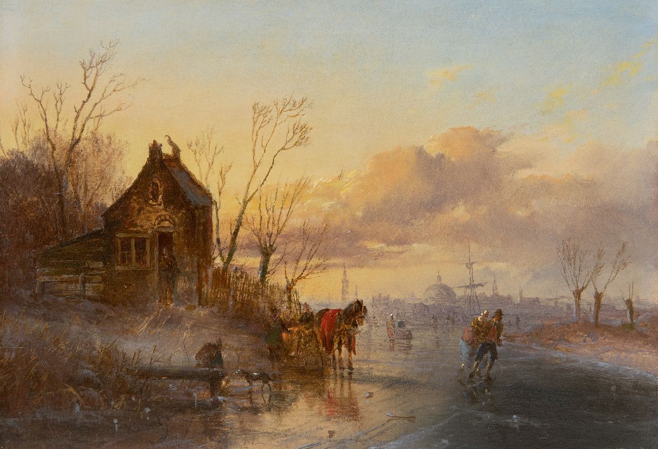 Morel II J.E.  | Jan Evert Morel II, IJsgezicht met schaatsers, een grote stad op de achtergrond, olieverf op paneel 20,2 x 28,5 cm, gesigneerd linksonder