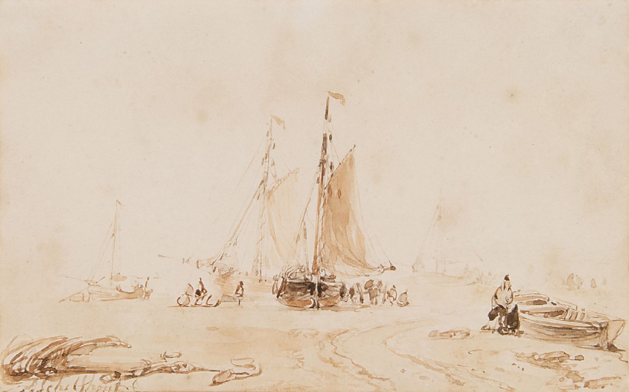 Schelfhout A. | Andreas Schelfhout, Vissers en bomschuiten op het strand, sepia op papier 9,0 x 14,0 cm, gesigneerd linksonder Schelfhout A. | Andreas Schelfhout, Vissers en bomschuiten op het strand, sepia op papier 9,0 x 14,0 cm, gesigneerd linksonder