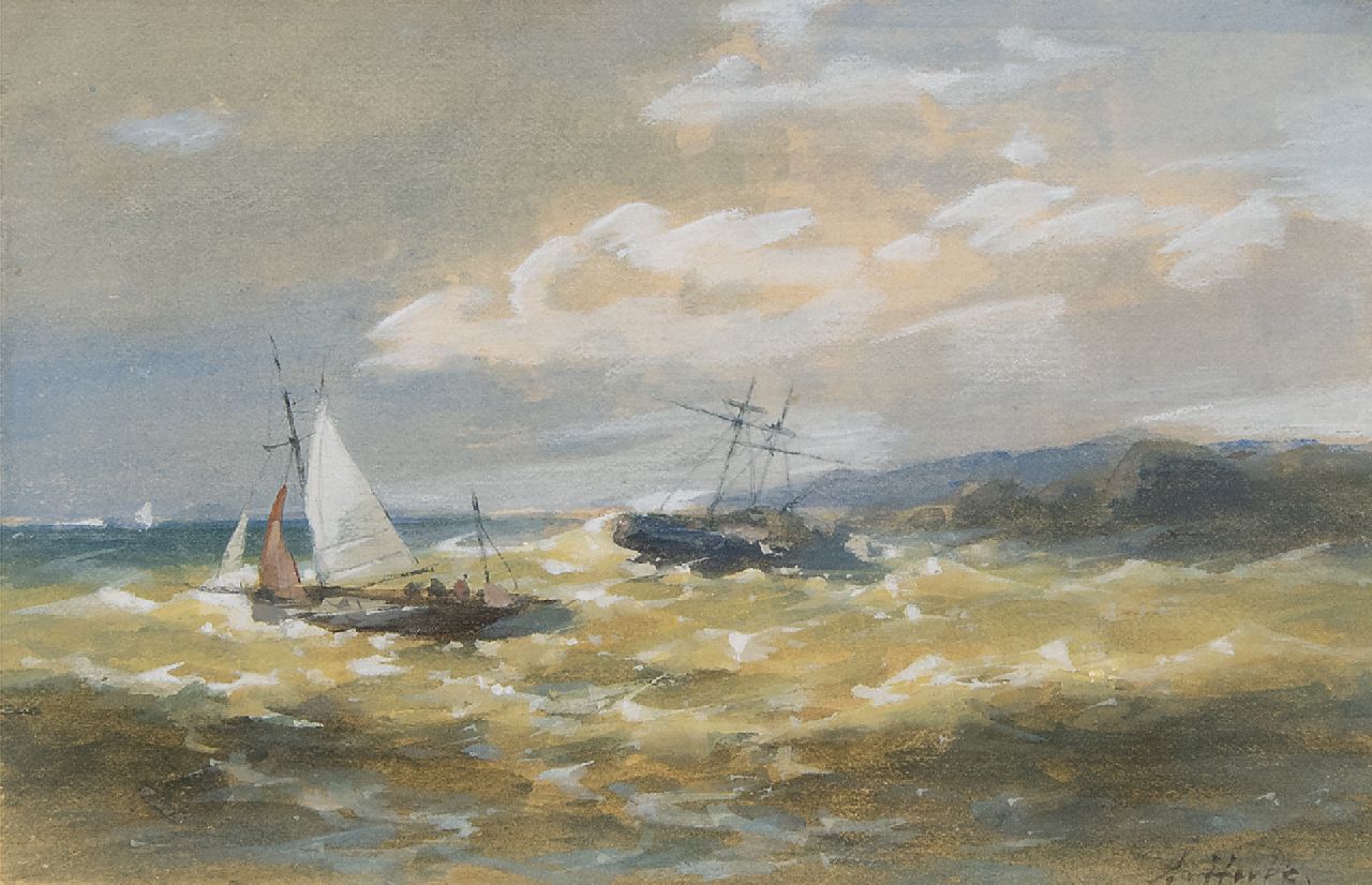 Hulk A.  | Abraham Hulk | Aquarellen en tekeningen te koop aangeboden | Schepen in een storm bij een rotskust, aquarel en gouache op karton 9,5 x 15,0 cm, gesigneerd rechtsonder