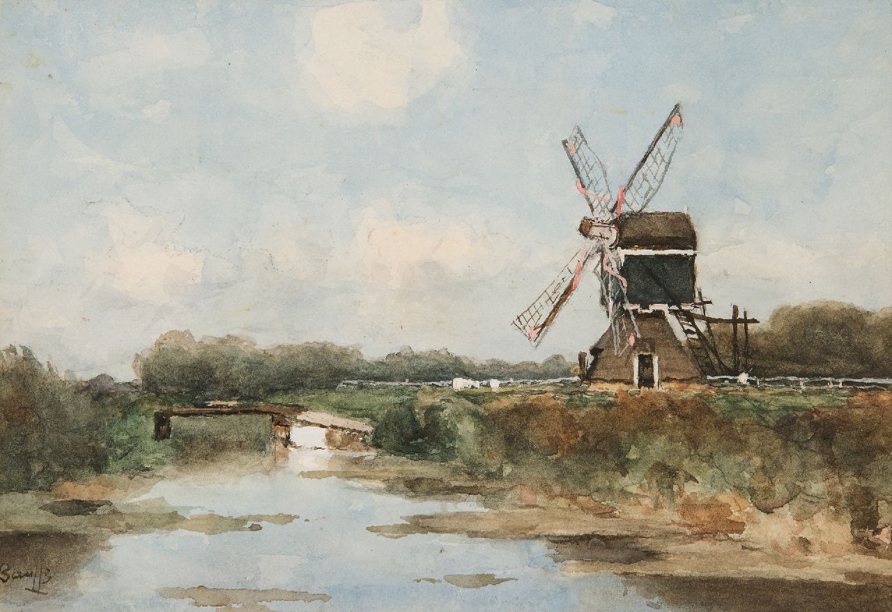 Bauffe V. | Victor Bauffe | Aquarellen en tekeningen te koop aangeboden | Poldervaart met molen in vreugdestand, aquarel op papier 17,7 x 25,5 cm, gesigneerd linksonder Bauffe V. | Victor Bauffe | Aquarellen en tekeningen te koop aangeboden | Poldervaart met molen in vreugdestand, aquarel op papier 17,7 x 25,5 cm, gesigneerd linksonder