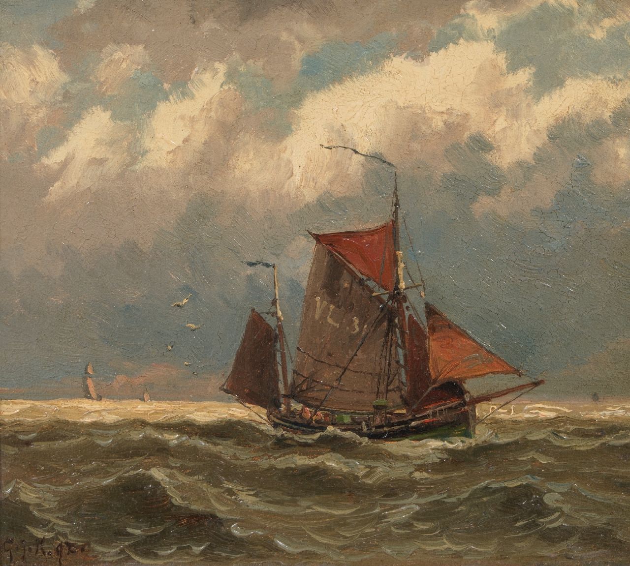 Koekkoek G.J.  | Gerardus Johannes 'Gerard' Koekkoek, Vissersboot op volle zee, olieverf op paneel 14,6 x 16,9 cm, gesigneerd linksonder met initialen en gedateerd '92