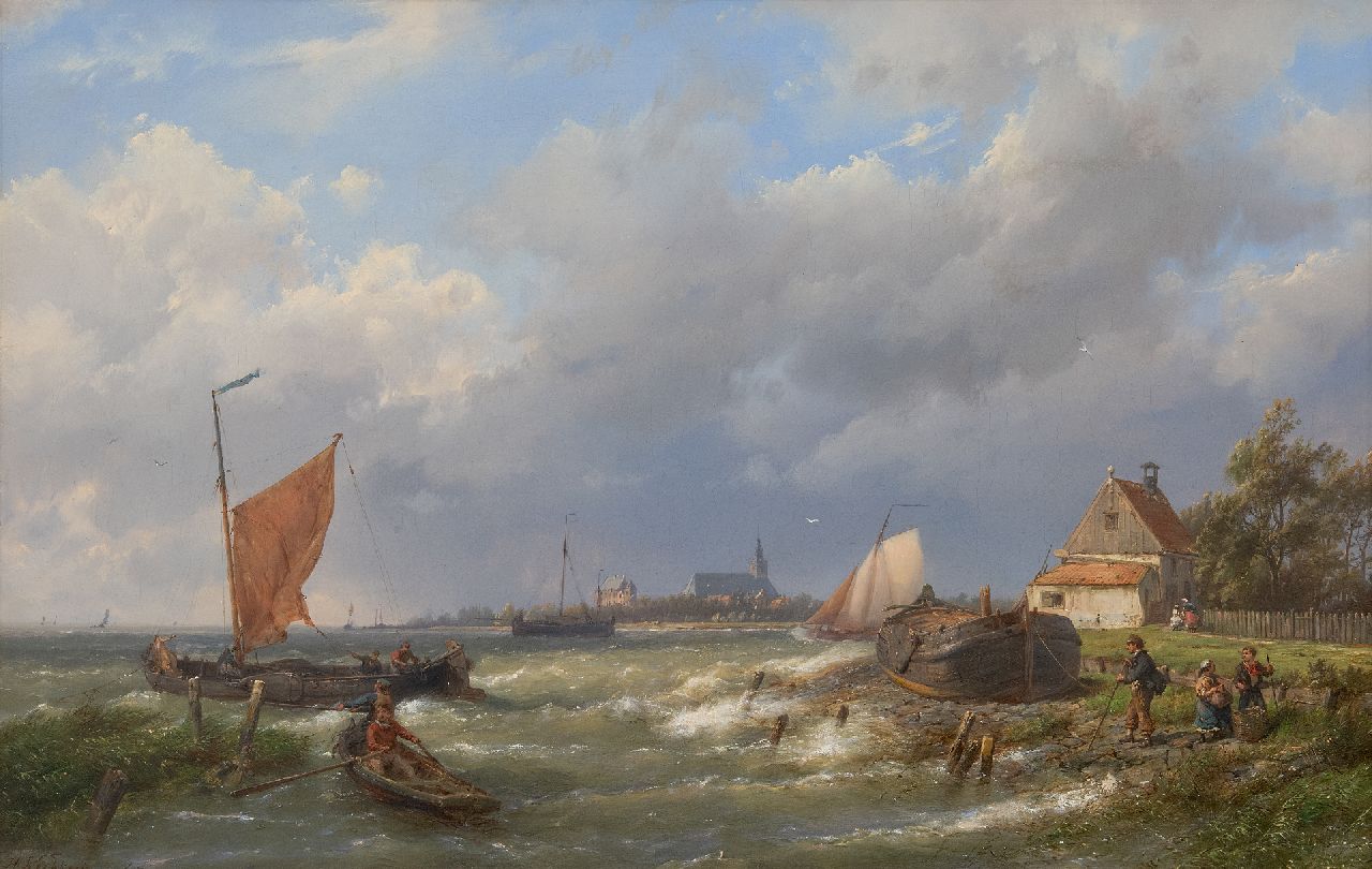 Koekkoek H. | Hermanus Koekkoek, Een stevige bries aan Hollandse kust met dorp in het verschiet, olieverf op doek 37,0 x 57,7 cm, gesigneerd linksonder Koekkoek H. | Hermanus Koekkoek, Een stevige bries aan Hollandse kust met dorp in het verschiet, olieverf op doek 37,0 x 57,7 cm, gesigneerd linksonder