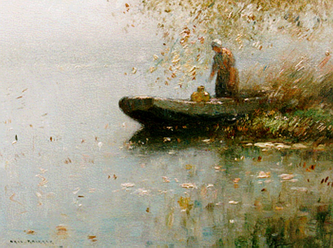Knikker A. | Aris Knikker, Boerin met melkbus in sloep, olieverf op paneel 18,0 x 24,0 cm, gesigneerd linksonder Knikker A. | Aris Knikker, Boerin met melkbus in sloep, olieverf op paneel 18,0 x 24,0 cm, gesigneerd linksonder