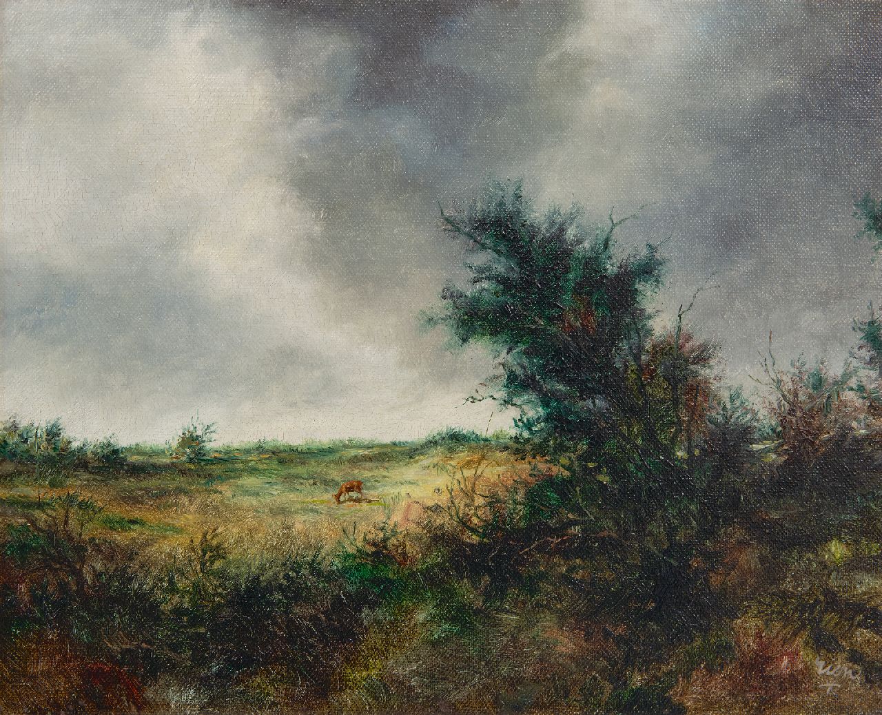 Poortvliet R.  | Rien Poortvliet, Landschap met grazend reetje, olieverf op doek 24,6 x 30,2 cm, gesigneerd rechtsonder