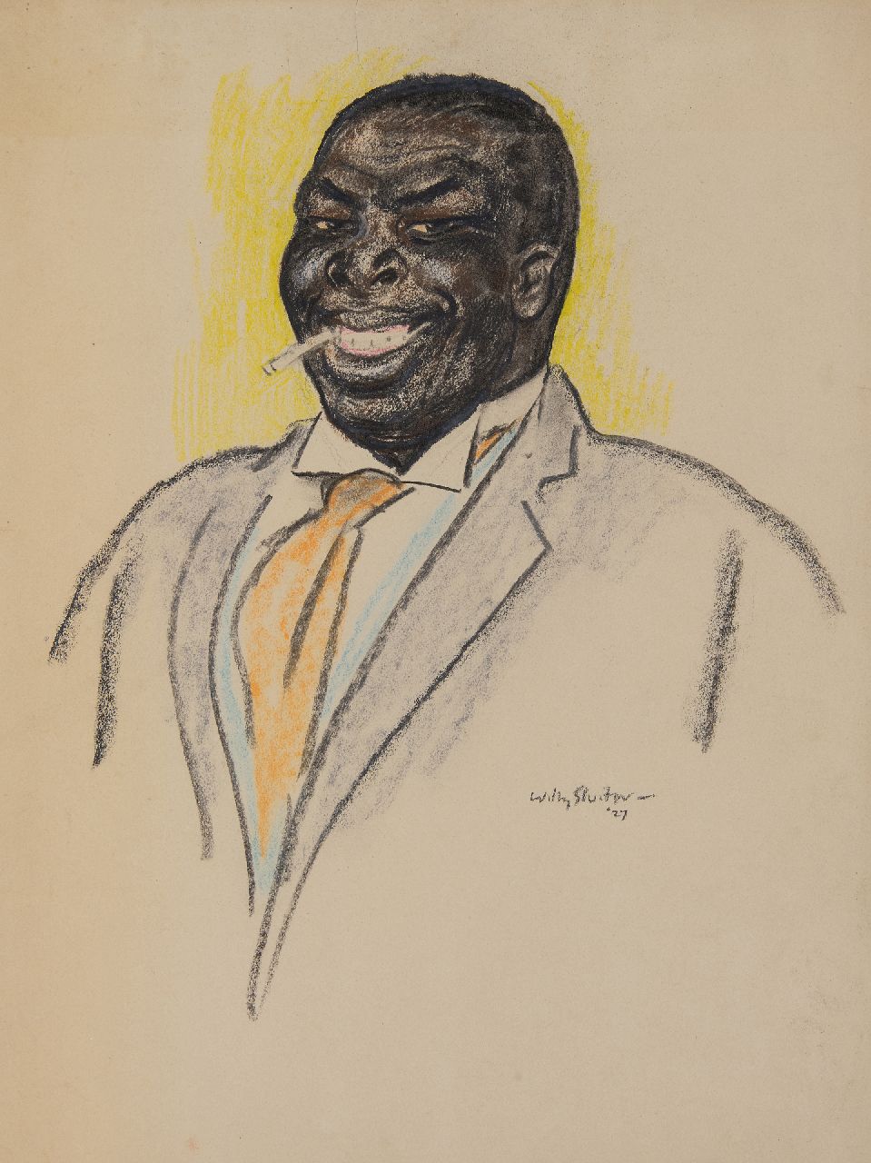 Sluiter J.W. | Jan Willem 'Willy' Sluiter | Aquarellen en tekeningen te koop aangeboden | Lachende man met sigaret, krijt op papier 44,9 x 33,4 cm, gesigneerd rechtsonder en gedateerd '27 Sluiter J.W. | Jan Willem 'Willy' Sluiter | Aquarellen en tekeningen te koop aangeboden | Lachende man met sigaret, krijt op papier 44,9 x 33,4 cm, gesigneerd rechtsonder en gedateerd '27