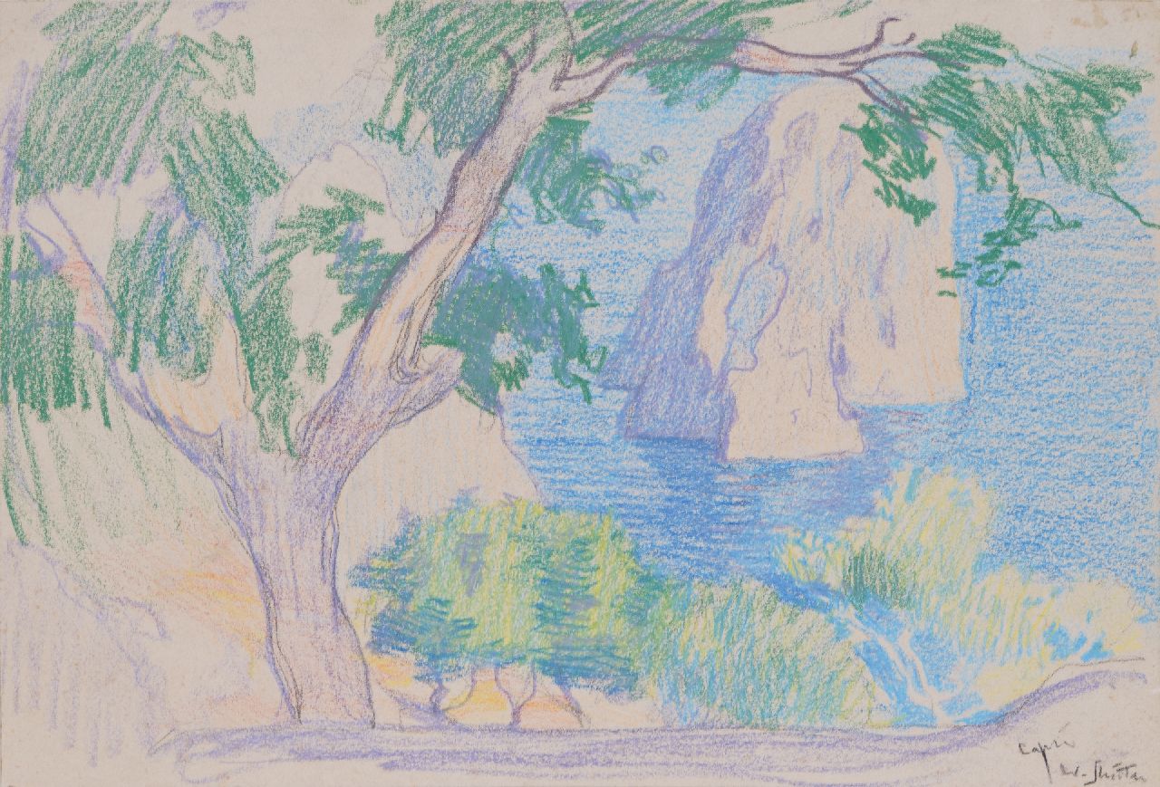 Sluiter J.W.  | Jan Willem 'Willy' Sluiter, Landschap op Capri, krijt op papier 22,7 x 33,6 cm, gesigneerd rechtsonder en zonder lijst