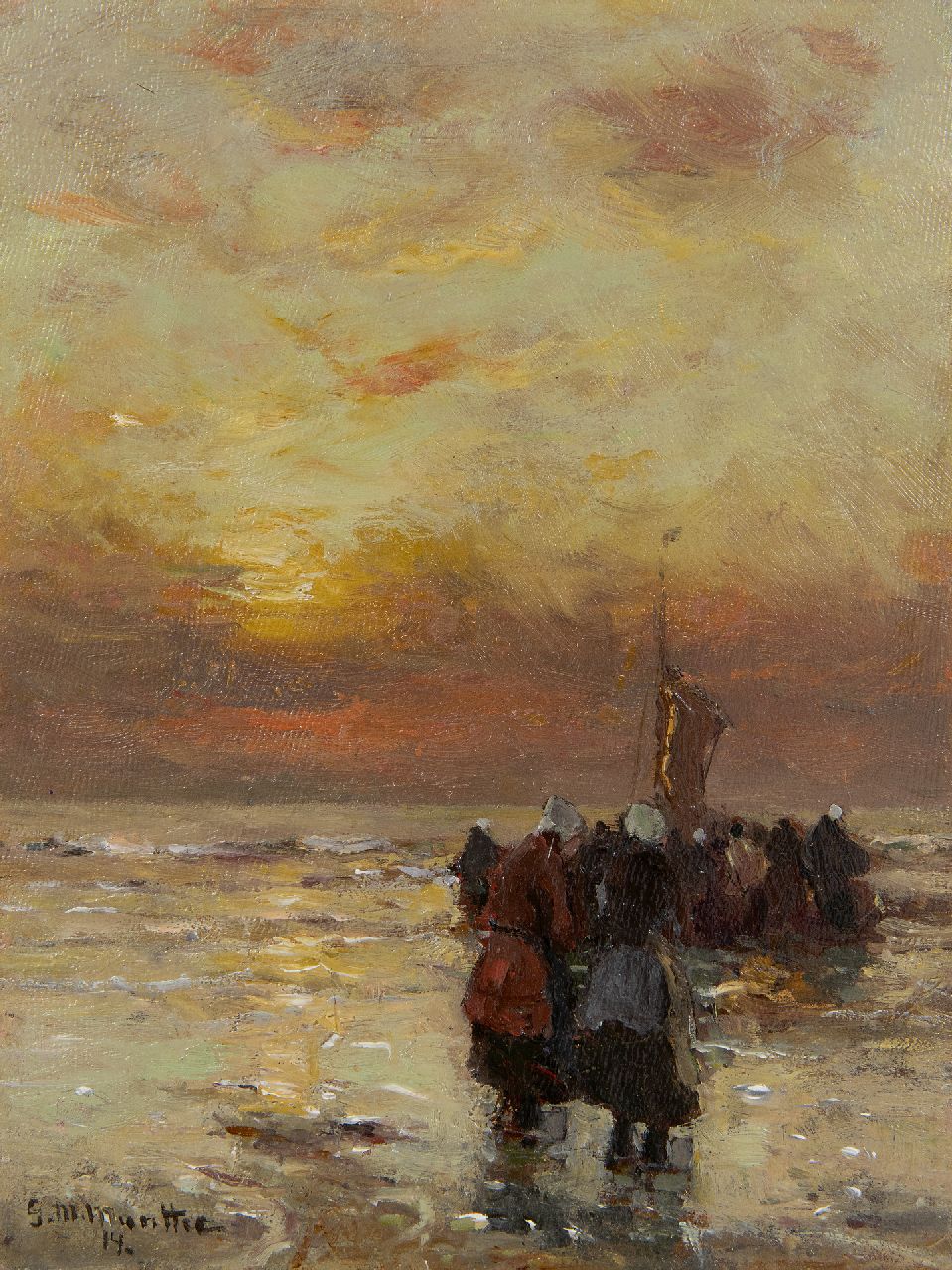 Munthe G.A.L. | Gerhard Arij Ludwig 'Morgenstjerne' Munthe, Vissersvrouwen in de branding bij zonsondergang, olieverf op paneel 21,1 x 15,9 cm, gesigneerd linksonder en gedateerd '14 Munthe G.A.L. | Gerhard Arij Ludwig 'Morgenstjerne' Munthe, Vissersvrouwen in de branding bij zonsondergang, olieverf op paneel 21,1 x 15,9 cm, gesigneerd linksonder en gedateerd '14