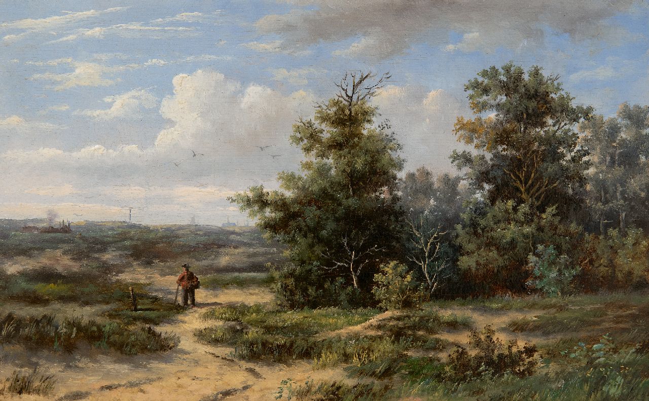 Wijngaerdt A.J. van | Anthonie Jacobus van Wijngaerdt, Hollands duinlandschap met Haarlem in de verte, olieverf op paneel 18,9 x 30,4 cm