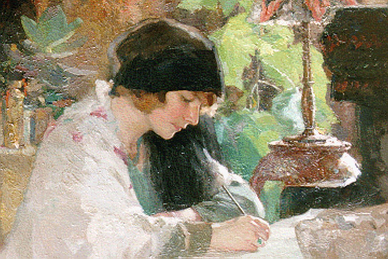 Goedhart J.C.A. | 'Jan' Catharinus Adriaan Goedhart, Portret van schrijvende vrouw, olieverf op doek 60,0 x 80,2 cm, gesigneerd linksonder en gedateerd 1930 Goedhart J.C.A. | 'Jan' Catharinus Adriaan Goedhart, Portret van schrijvende vrouw, olieverf op doek 60,0 x 80,2 cm, gesigneerd linksonder en gedateerd 1930