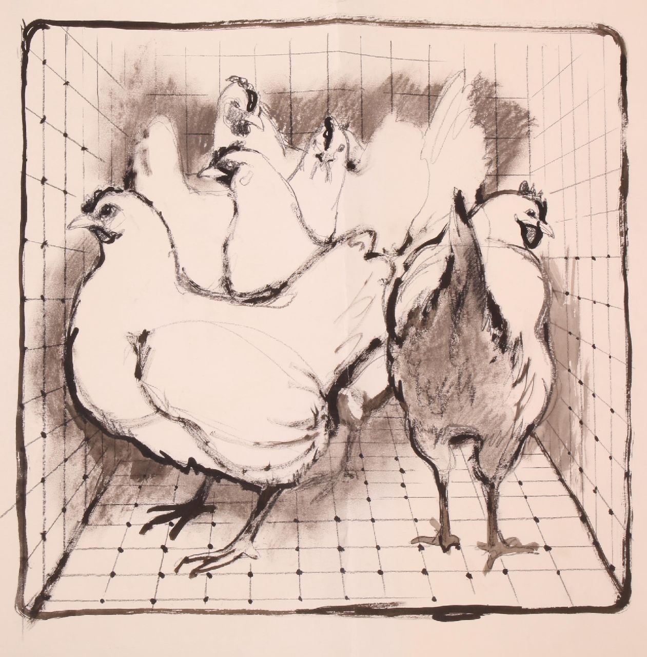 Poortvliet R. | Rien Poortvliet, Kippen in een ren, houtskool en inkt op papier 49,4 x 64,8 cm Poortvliet R. | Rien Poortvliet, Kippen in een ren, houtskool en inkt op papier 49,4 x 64,8 cm