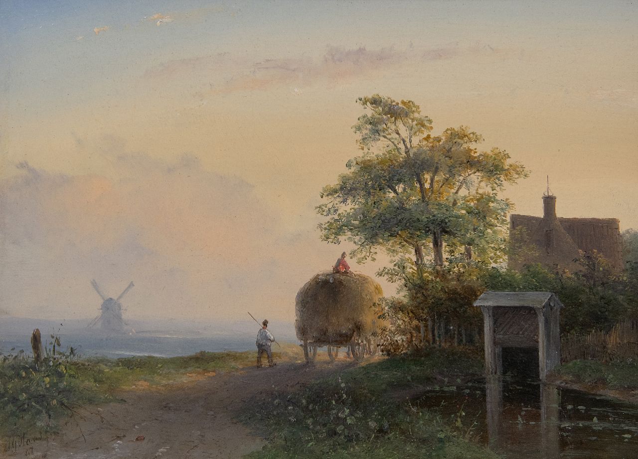 Hans J.G.  | Josephus Gerardus Hans | Schilderijen te koop aangeboden | Huiswaarts na het hooien, olieverf op paneel 21,2 x 29,0 cm, gesigneerd linksonder en gedateerd '47