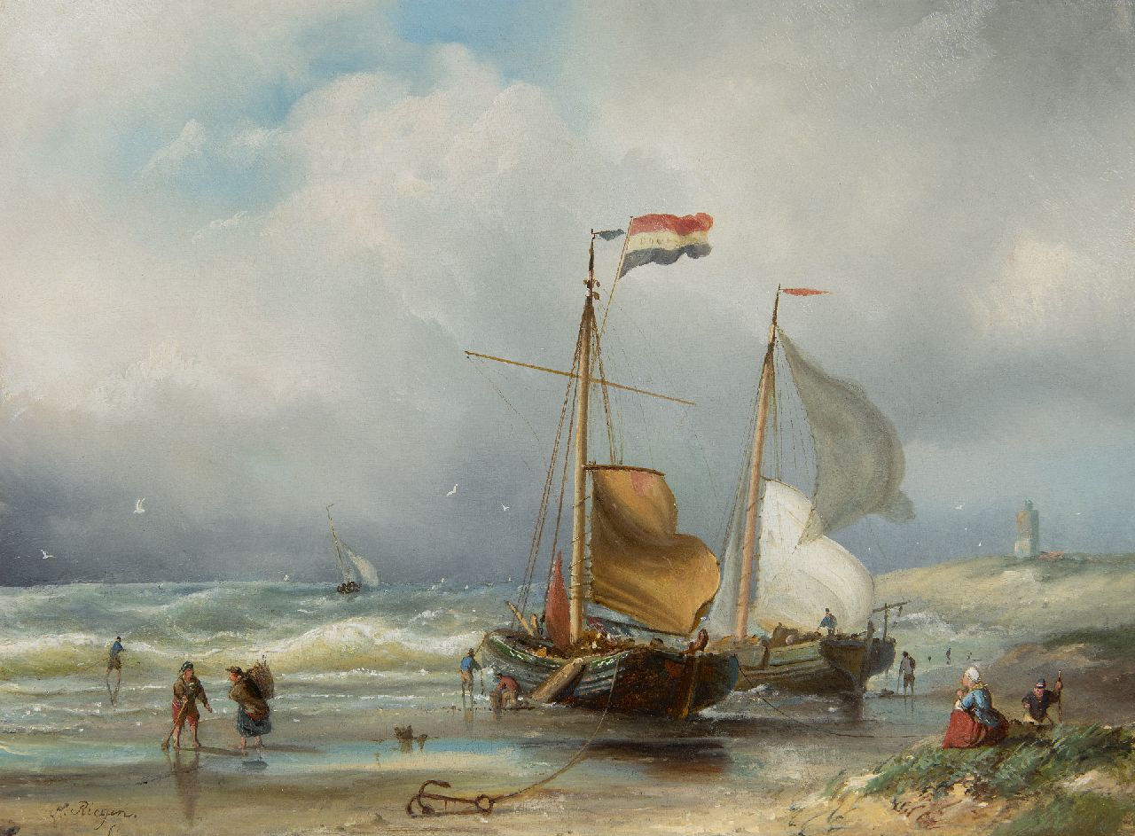 Riegen N. | Nicolaas Riegen | Schilderijen te koop aangeboden | Pinken en vissersvolk op het strand, olieverf op paneel 31,2 x 41,7 cm, gesigneerd linksonder Riegen N. | Nicolaas Riegen | Schilderijen te koop aangeboden | Pinken en vissersvolk op het strand, olieverf op paneel 31,2 x 41,7 cm, gesigneerd linksonder