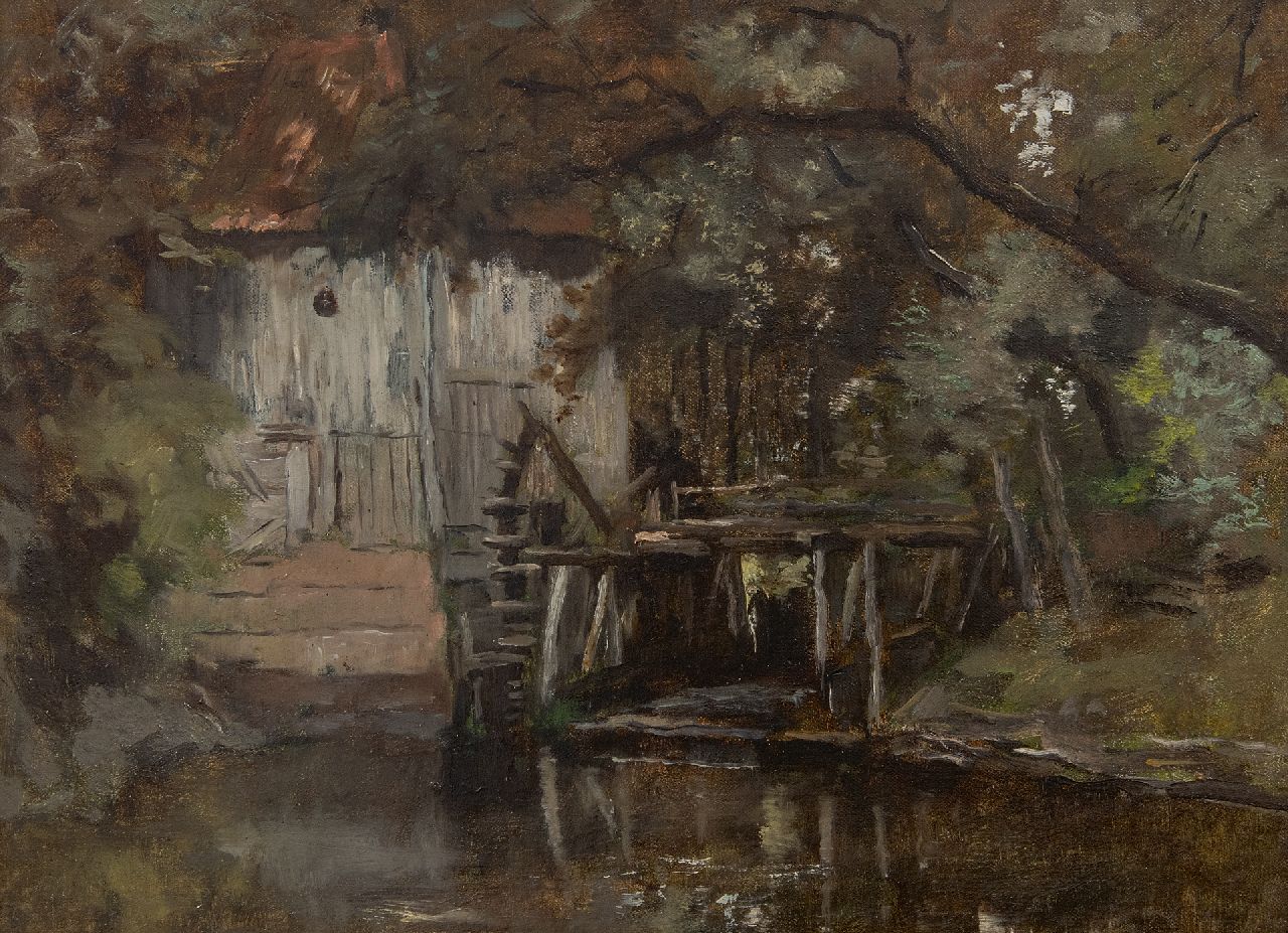 Essen J.C. van | Johannes Cornelis 'Jan' van Essen, De watermolen bij kasteel Vorden, olieverf op doek 27,3 x 36,5 cm, gesigneerd verso en verso gedateerd 1898 Essen J.C. van | Johannes Cornelis 'Jan' van Essen, De watermolen bij kasteel Vorden, olieverf op doek 27,3 x 36,5 cm, gesigneerd verso en verso gedateerd 1898