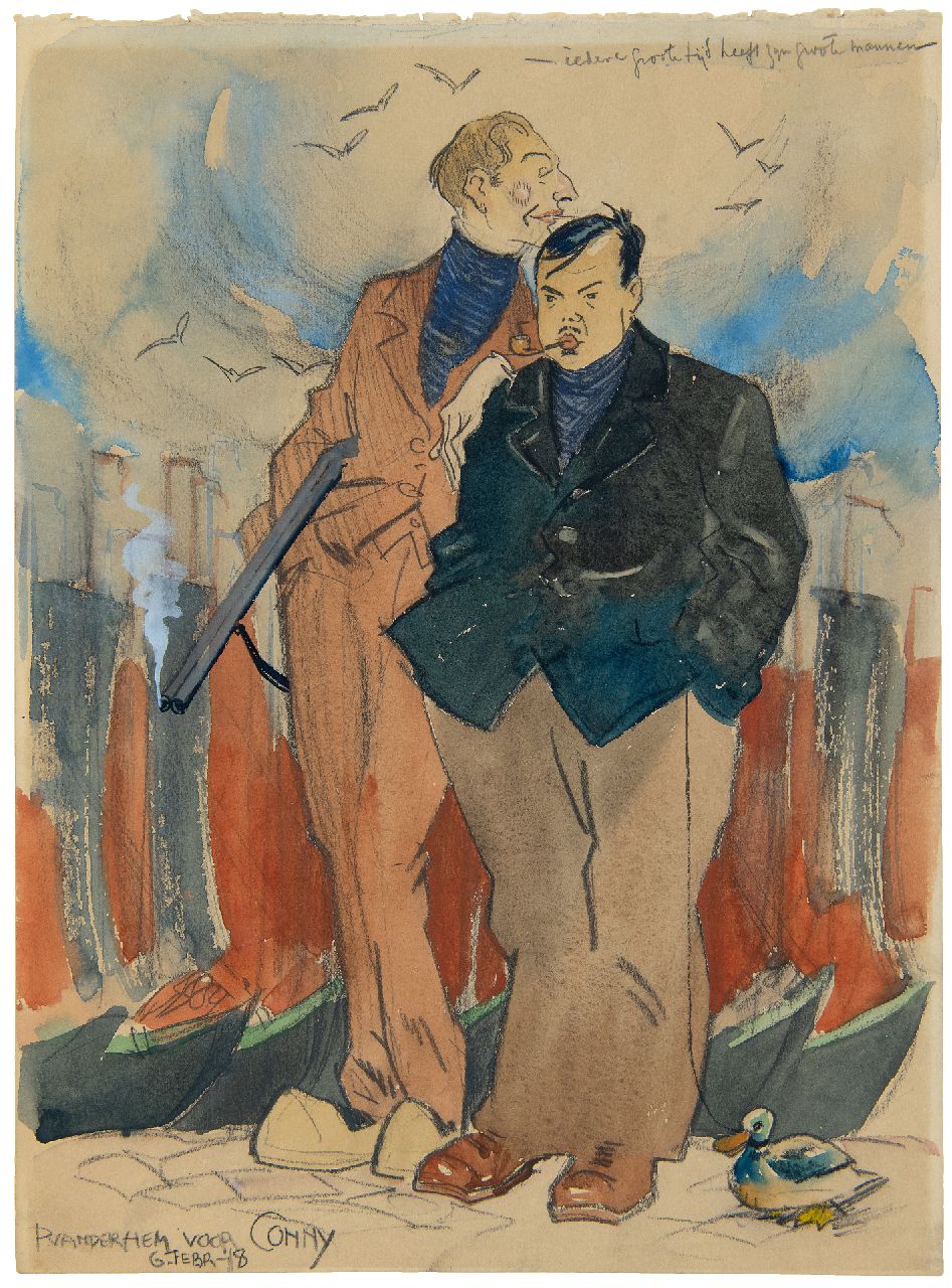 Hem P. van der | Pieter 'Piet' van der Hem | Aquarellen en tekeningen te koop aangeboden | Piet van der Hem en Wilm Wouters op '(vrouwen)jacht' in Volendam, aquarel op papier 38,0 x 27,0 cm, gesigneerd linksonder en gedateerd 6 febr. '18 Hem P. van der | Pieter 'Piet' van der Hem | Aquarellen en tekeningen te koop aangeboden | Piet van der Hem en Wilm Wouters op '(vrouwen)jacht' in Volendam, aquarel op papier 38,0 x 27,0 cm, gesigneerd linksonder en gedateerd 6 febr. '18