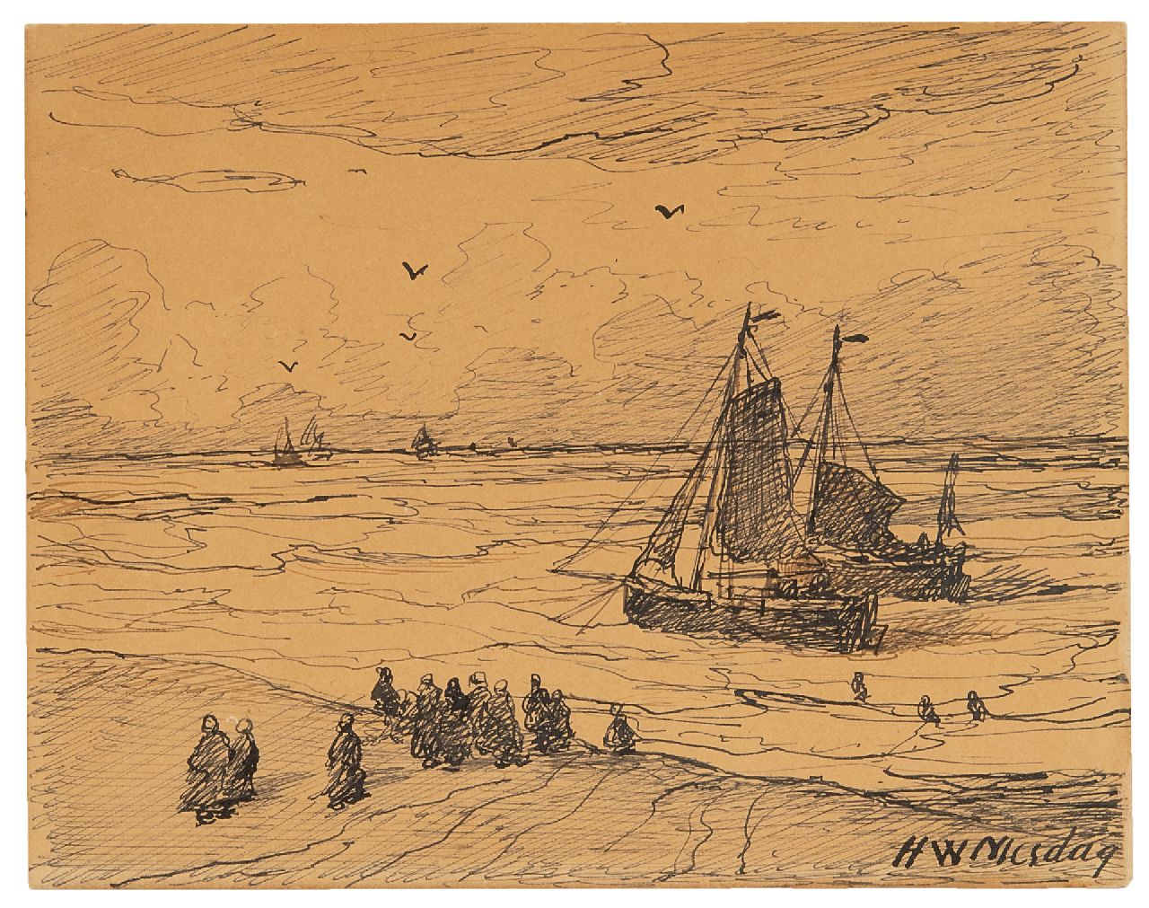 Mesdag H.W. | Hendrik Willem Mesdag, Aanmerende bomschuiten, Scheveningen, pen en inkt op papier 11,4 x 14,5 cm, gesigneerd rechtsonder en verso gedateerd 3 Nov 1894 Mesdag H.W. | Hendrik Willem Mesdag, Aanmerende bomschuiten, Scheveningen, pen en inkt op papier 11,4 x 14,5 cm, gesigneerd rechtsonder en verso gedateerd 3 Nov 1894