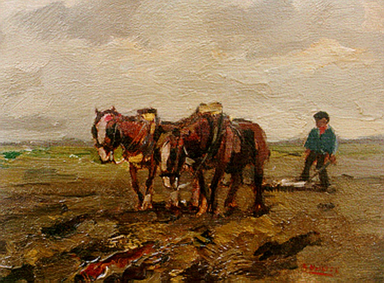Noltee B.C. | Bernardus Cornelis 'Cor' Noltee, Ploegende boer, olieverf op doek 18,0 x 24,0 cm, gesigneerd rechtsonder Noltee B.C. | Bernardus Cornelis 'Cor' Noltee, Ploegende boer, olieverf op doek 18,0 x 24,0 cm, gesigneerd rechtsonder