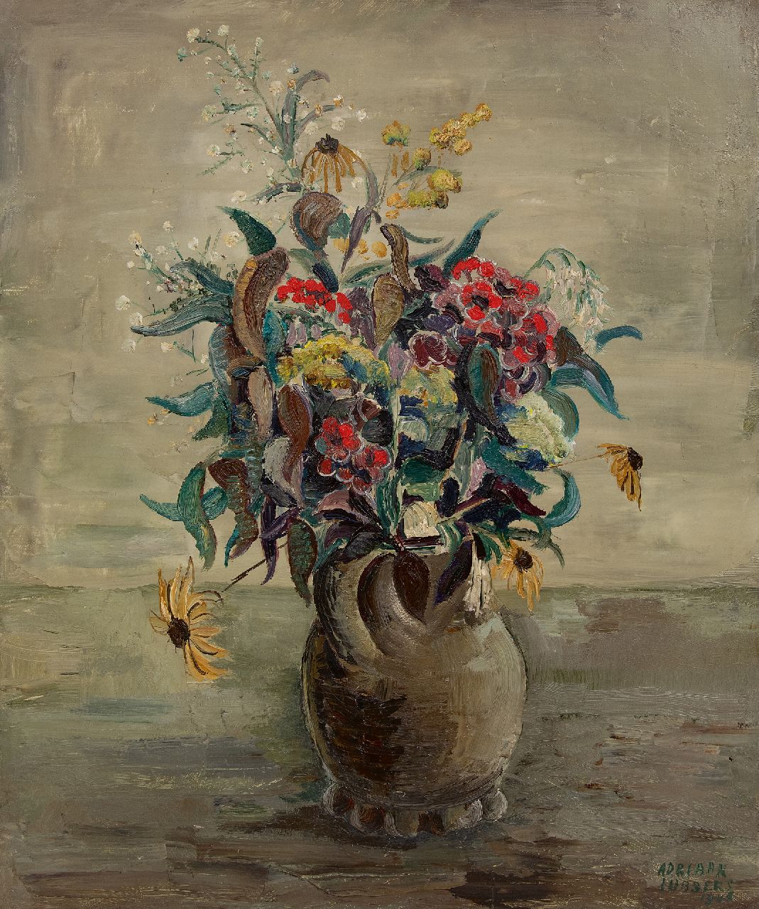 Lubbers A. | Adriaan Lubbers, Bloemstilleven in aardewerken vaas, olieverf op doek 60,0 x 50,3 cm, gesigneerd rechtsonder en gedateerd 1946 Lubbers A. | Adriaan Lubbers, Bloemstilleven in aardewerken vaas, olieverf op doek 60,0 x 50,3 cm, gesigneerd rechtsonder en gedateerd 1946