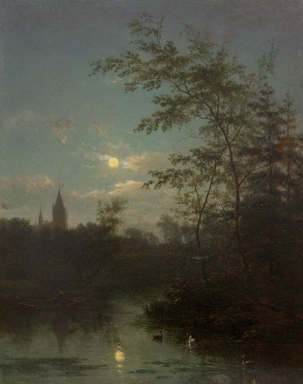 Immerzeel C.  | Christiaan Immerzeel | Schilderijen te koop aangeboden | Een nachtelijk boottochtje, olieverf op paneel 46,7 x 37,3 cm, gesigneerd linksonder