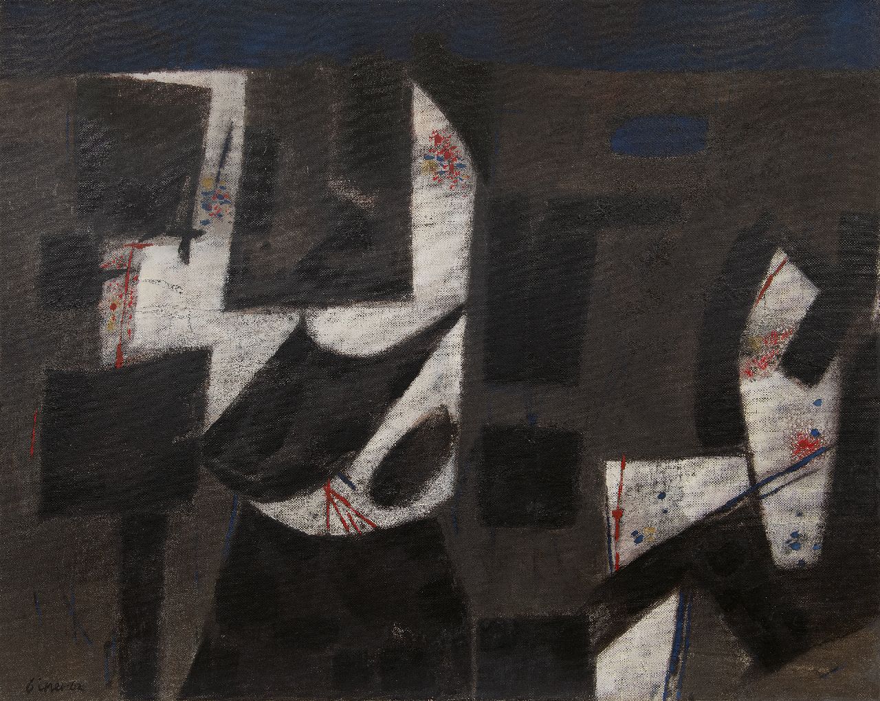 Bitter T.  | Theodorus 'Theo' Bitter | Schilderijen te koop aangeboden | Compositie op zwart, olieverf op doek 80,3 x 100,3 cm, gesigneerd linksonder en verso en gedateerd '62