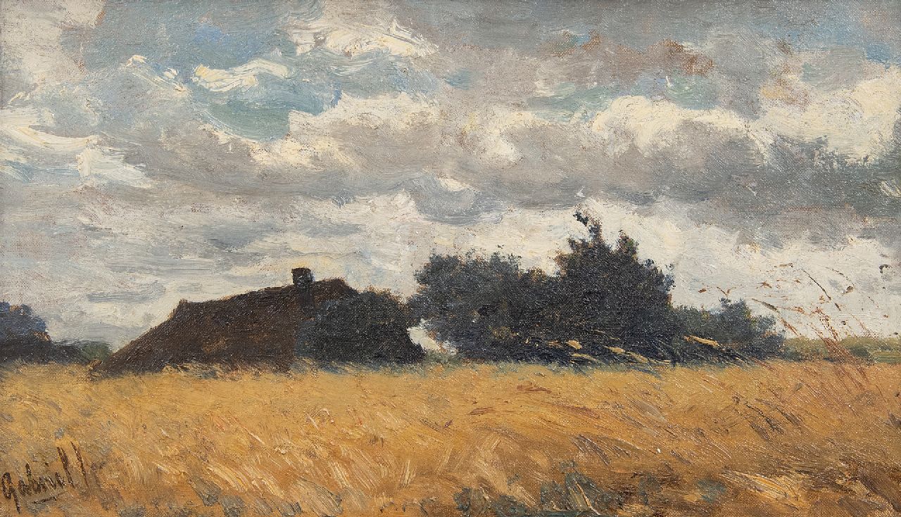 Gabriel P.J.C. | Paul Joseph Constantin 'Constan(t)' Gabriel, Boerderij verscholen achter een korenveld, olieverf op doek op paneel 19,8 x 33,6 cm, gesigneerd linksonder Gabriel P.J.C. | Paul Joseph Constantin 'Constan(t)' Gabriel, Boerderij verscholen achter een korenveld, olieverf op doek op paneel 19,8 x 33,6 cm, gesigneerd linksonder