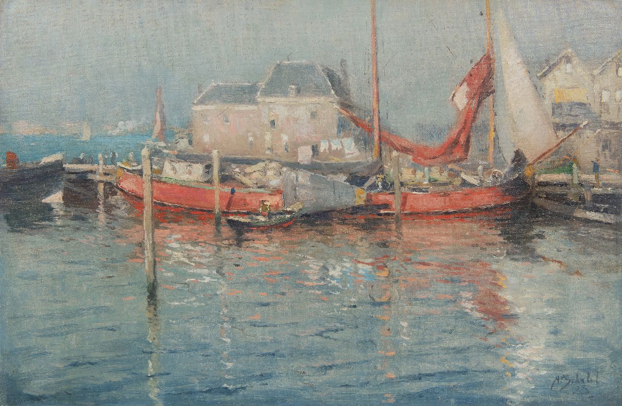 Schotel A.P.  | Anthonie Pieter Schotel | Schilderijen te koop aangeboden | Havengezicht met afgemeerde tjalk, olieverf op doek 40,3 x 60,9 cm, gesigneerd rechtsonder en gedateerd '23, zonder lijst