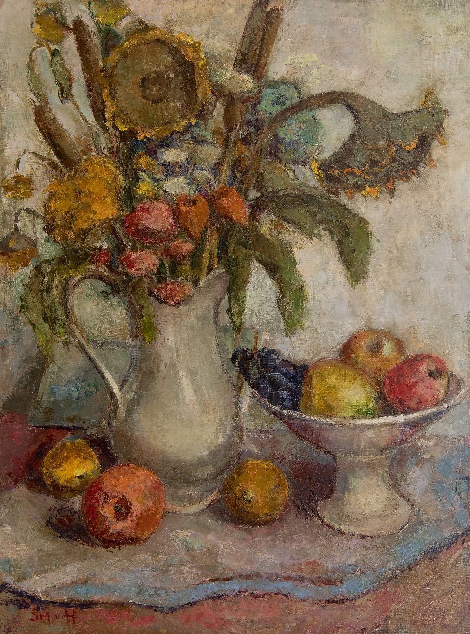 Mesdag-van Houten S.  | Sina 'Sientje' Mesdag-van Houten, Stilleven met zonnebloemen en fruit, olieverf op doek 80,7 x 60,2 cm, gesigneerd linksonder en niet ingelijst