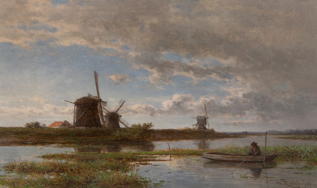 Roelofs W. | Willem Roelofs | Schilderijen te koop aangeboden | Polderlandschap met molens en een hengelaar, olieverf op paneel 24,3 x 40,4 cm, gesigneerd rechtsonder en gedateerd '56 Roelofs W. | Willem Roelofs | Schilderijen te koop aangeboden | Polderlandschap met molens en een hengelaar, olieverf op paneel 24,3 x 40,4 cm, gesigneerd rechtsonder en gedateerd '56