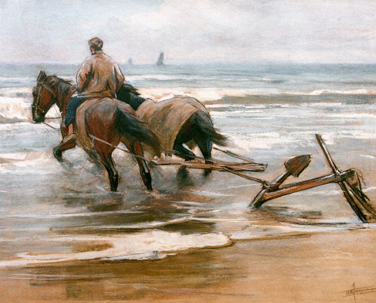 Jansen H.W. | Hendrik Willebrord Jansen, Strandgezicht met man, twee paarden en anker, pastel op papier 41,0 x 52,0 cm, gesigneerd rechtsonder Jansen H.W. | Hendrik Willebrord Jansen, Strandgezicht met man, twee paarden en anker, pastel op papier 41,0 x 52,0 cm, gesigneerd rechtsonder