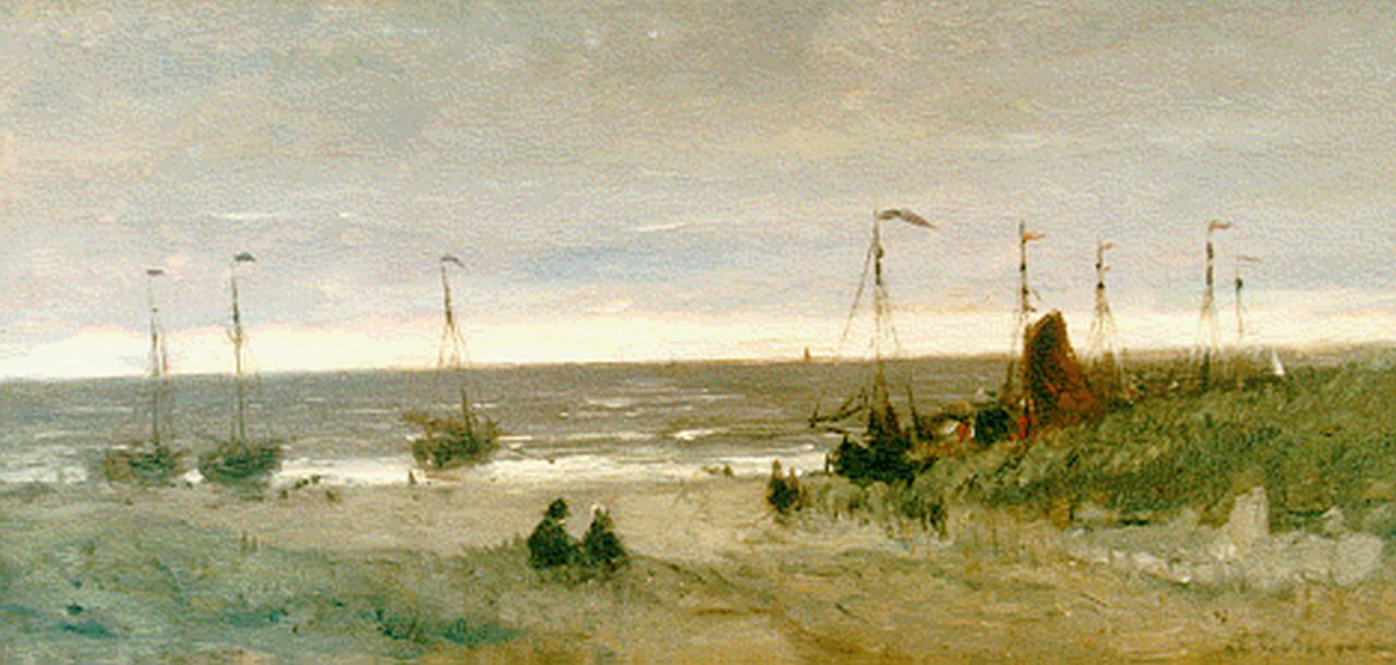 Mesdag H.W. | Hendrik Willem Mesdag, Doorkijkje vanaf de duinen op het strand met bomschuiten, olieverf op paneel 12,6 x 26,0 cm, gesigneerd vaag Mesdag H.W. | Hendrik Willem Mesdag, Doorkijkje vanaf de duinen op het strand met bomschuiten, olieverf op paneel 12,6 x 26,0 cm, gesigneerd vaag