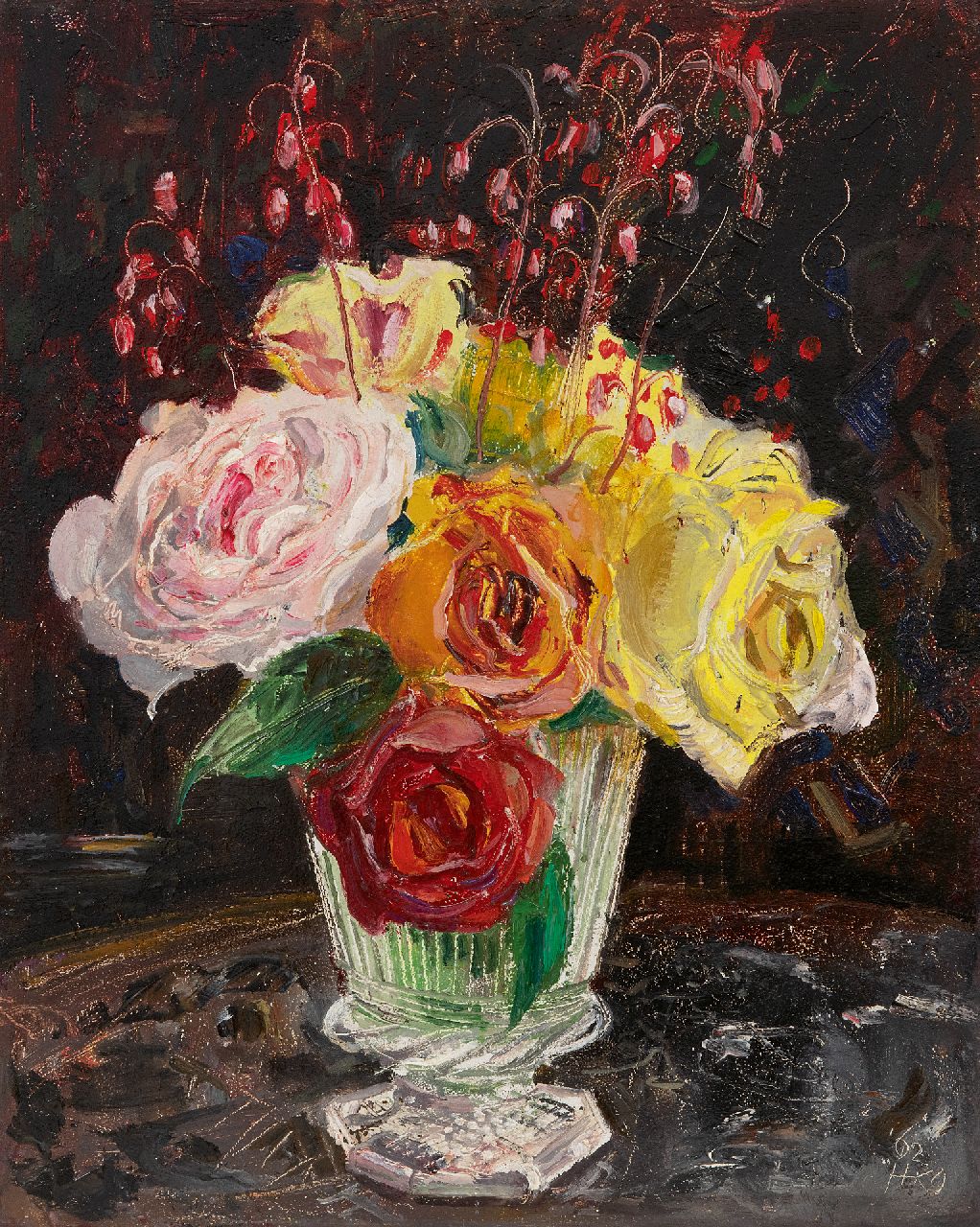 Kamerlingh Onnes H.H.  | 'Harm' Henrick Kamerlingh Onnes, Rozen in een glazen vaas, olieverf op board 30,6 x 24,6 cm, gesigneerd rechtsonder met monogram en gedateerd '62