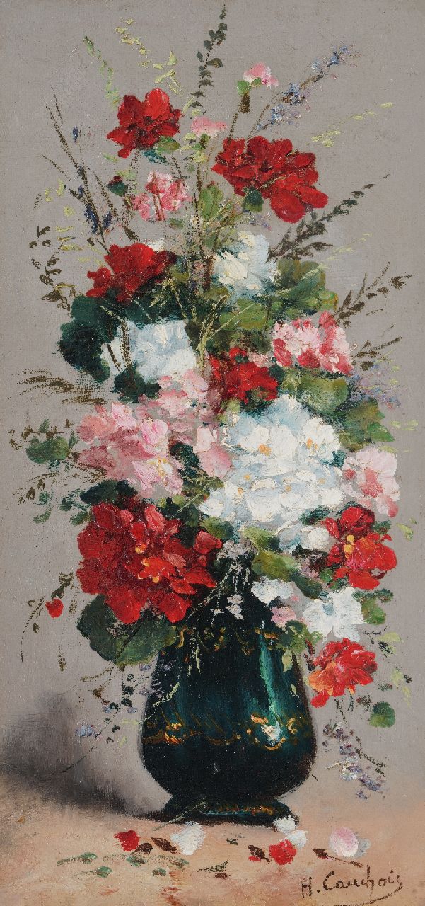 Cauchois E.H.  | Eugène-Henri Cauchois, Bloemstilleven, olieverf op doek op paneel 35,8 x 17,5 cm, gesigneerd rechtsonder en zonder lijst