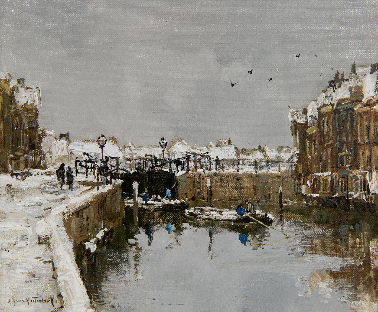 Mastenbroek J.H. van | Johan Hendrik van Mastenbroek, Sluisje bij winter, olieverf op doek op paneel 24,3 x 27,4 cm, gesigneerd linksonder Mastenbroek J.H. van | Johan Hendrik van Mastenbroek, Sluisje bij winter, olieverf op doek op paneel 24,3 x 27,4 cm, gesigneerd linksonder
