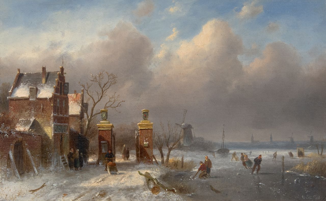 Leickert C.H.J.  | 'Charles' Henri Joseph Leickert, Schaatsvertier bij het tolhek bij Oegstgeest, beter bekend als het Leidsche Hek (uitsluitend met zomers pendant), olieverf op paneel 25,0 x 40,0 cm, gesigneerd rechtsonder