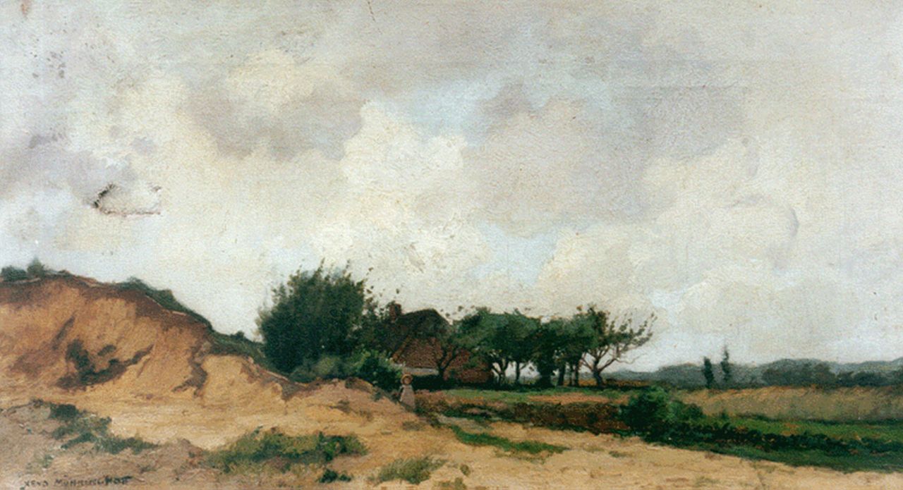 Münninghoff X.A.F.L. | 'Xeno' Augustus Franciscus Ludovicus Münninghoff, Kind bij boerderijtje op de hei, olieverf op doek 27,5 x 49,0 cm, gesigneerd linksonder Münninghoff X.A.F.L. | 'Xeno' Augustus Franciscus Ludovicus Münninghoff, Kind bij boerderijtje op de hei, olieverf op doek 27,5 x 49,0 cm, gesigneerd linksonder