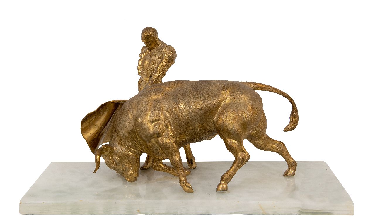 Onbekend   | Onbekend | Beelden en objecten te koop aangeboden | Stier met matador, brons 45,3 x 22,8 cm