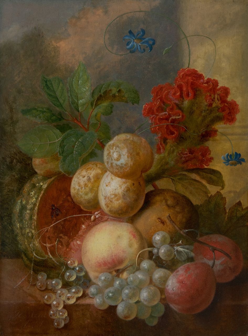 Morel I J.E.  | Jan Evert Morel I | Schilderijen te koop aangeboden | Fruitstilleven, olieverf op paneel 36,8 x 27,4 cm, gesigneerd linksonder