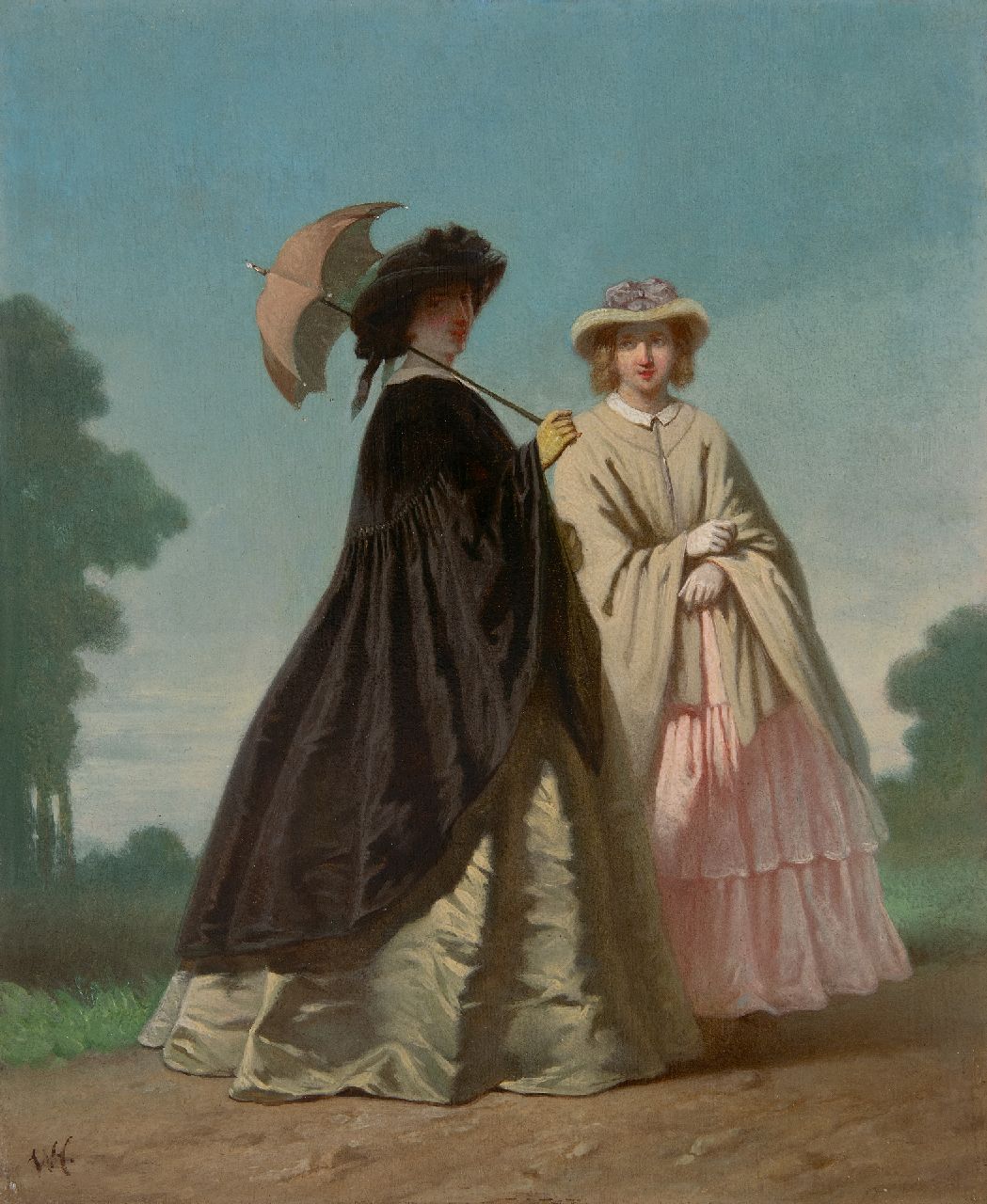 Hoevenaar W.P. | Willem Pieter Hoevenaar | Schilderijen te koop aangeboden | Twee elegante vrouwen tijdens een wandeling, olieverf op paneel 31,3 x 25,5 cm, gesigneerd linksonder met monogram en zonder lijst Hoevenaar W.P. | Willem Pieter Hoevenaar | Schilderijen te koop aangeboden | Twee elegante vrouwen tijdens een wandeling, olieverf op paneel 31,3 x 25,5 cm, gesigneerd linksonder met monogram en zonder lijst