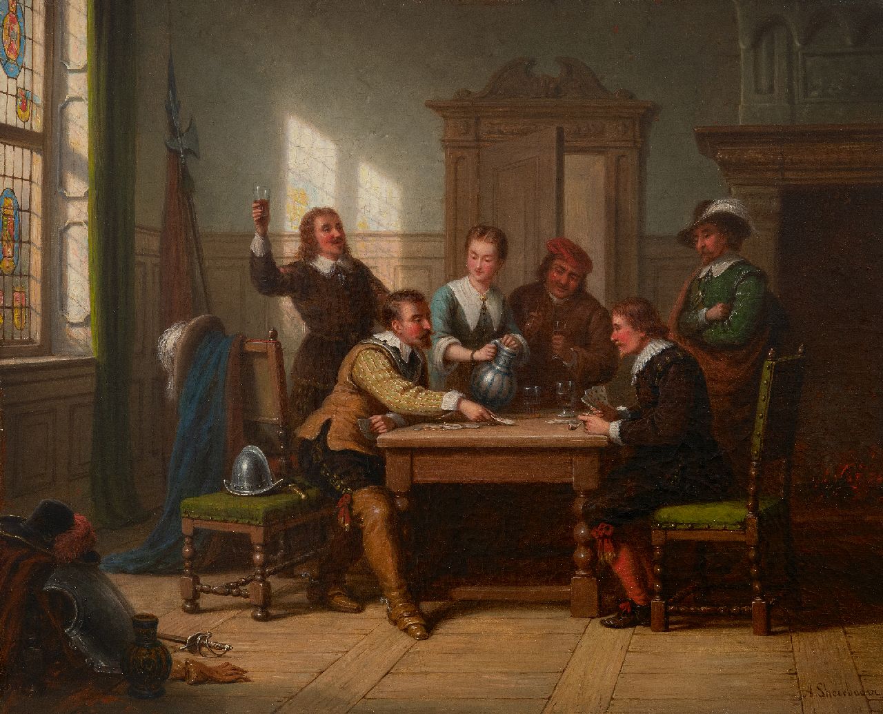 Scheerboom A. | Andries Scheerboom | Schilderijen te koop aangeboden | Drinkende en kaartspelende soldaten, olieverf op doek 43,7 x 54,1 cm, gesigneerd rechtsonder en zonder lijst Scheerboom A. | Andries Scheerboom | Schilderijen te koop aangeboden | Drinkende en kaartspelende soldaten, olieverf op doek 43,7 x 54,1 cm, gesigneerd rechtsonder en zonder lijst