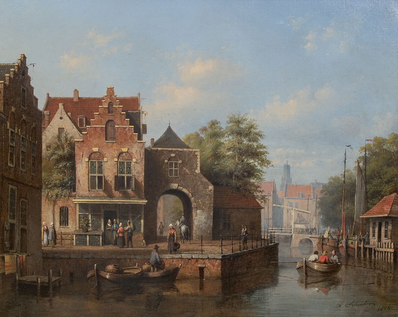 Scheerboom A. | Andries Scheerboom, Bedrijvigheid aan de stadsgracht, olieverf op doek 53,5 x 66,6 cm, gesigneerd rechtsonder en gedateerd 1856 Scheerboom A. | Andries Scheerboom, Bedrijvigheid aan de stadsgracht, olieverf op doek 53,5 x 66,6 cm, gesigneerd rechtsonder en gedateerd 1856