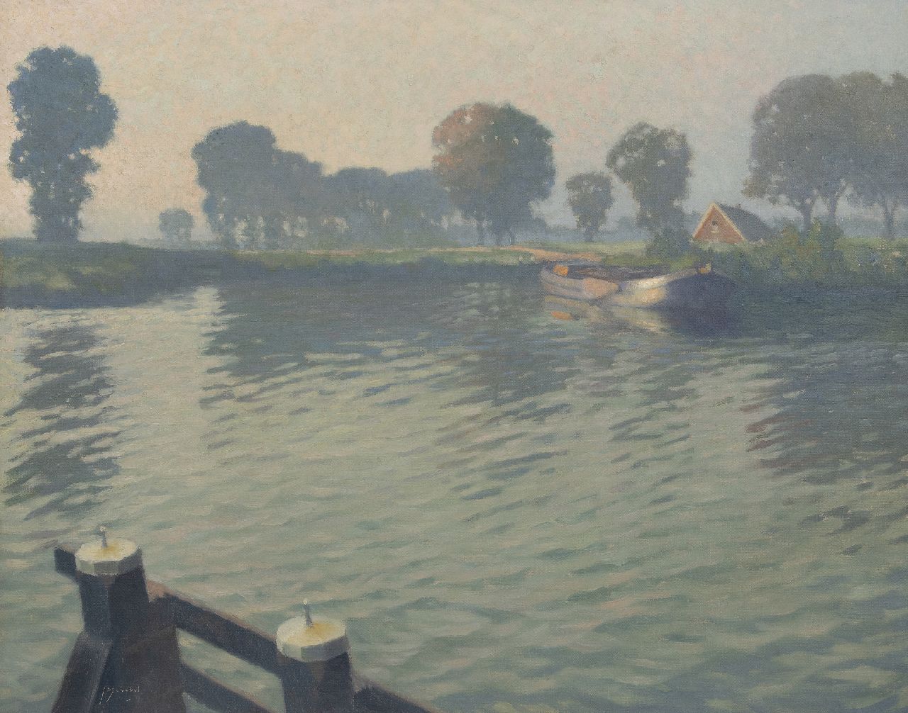 Schotel A.P.  | Anthonie Pieter Schotel | Schilderijen te koop aangeboden | Afgemeerd schip bij Muiden, olieverf op doek 80,2 x 100,5 cm, gesigneerd linksonder