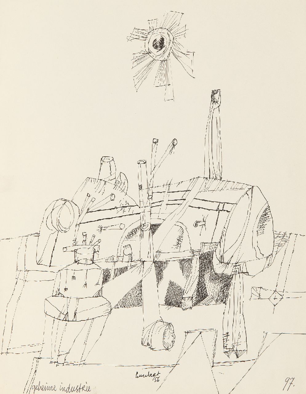 Lucebert (Lubertus Jacobus Swaanswijk)   | Lucebert (Lubertus Jacobus Swaanswijk) | Aquarellen en tekeningen te koop aangeboden | Geheime industrie, pen en inkt op papier 26,9 x 20,9 cm, gesigneerd middenonder en gedateerd '56, zonder lijst