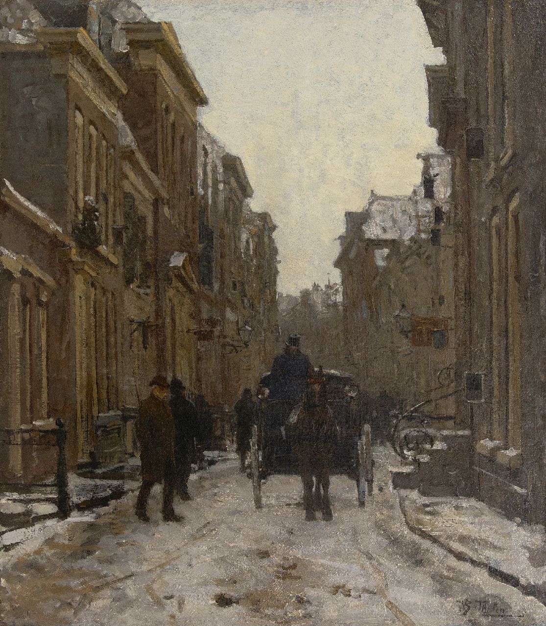 Tholen W.B.  | Willem Bastiaan Tholen, Koets in besneeuwde straat in Voorburg, olieverf op doek op paneel 64,1 x 56,3 cm, gesigneerd rechtsonder en te dateren ca. 1889
