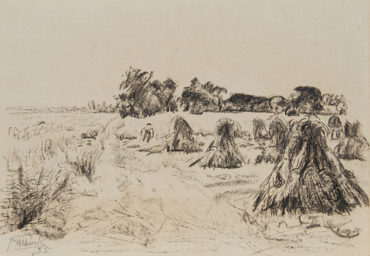Altink J.  | Jan Altink, Oogstlandschap met korenschoven, krijt op papier 36,0 x 48,9 cm, gesigneerd linksonder en gedateerd '35, zonder lijst