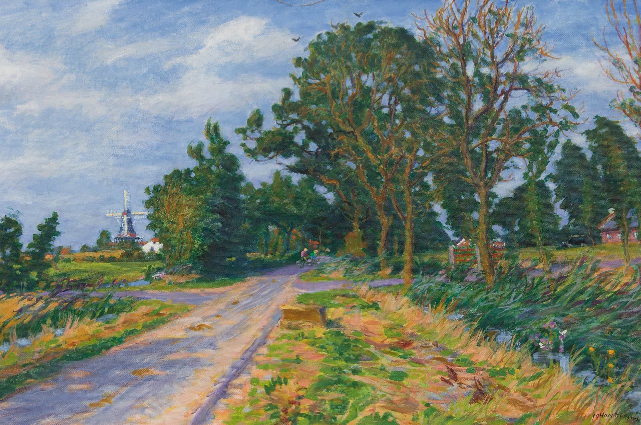 Dijkstra J. | Johannes 'Johan' Dijkstra | Schilderijen te koop aangeboden | Fietsers en een Fordje op landweg in Den Andel met de molen 'De Jonge Hendrik', olieverf op doek 60,4 x 90,2 cm, gesigneerd rechtsonder en te dateren eind jaren 40 Dijkstra J. | Johannes 'Johan' Dijkstra | Schilderijen te koop aangeboden | Fietsers en een Fordje op landweg in Den Andel met de molen 'De Jonge Hendrik', olieverf op doek 60,4 x 90,2 cm, gesigneerd rechtsonder en te dateren eind jaren 40