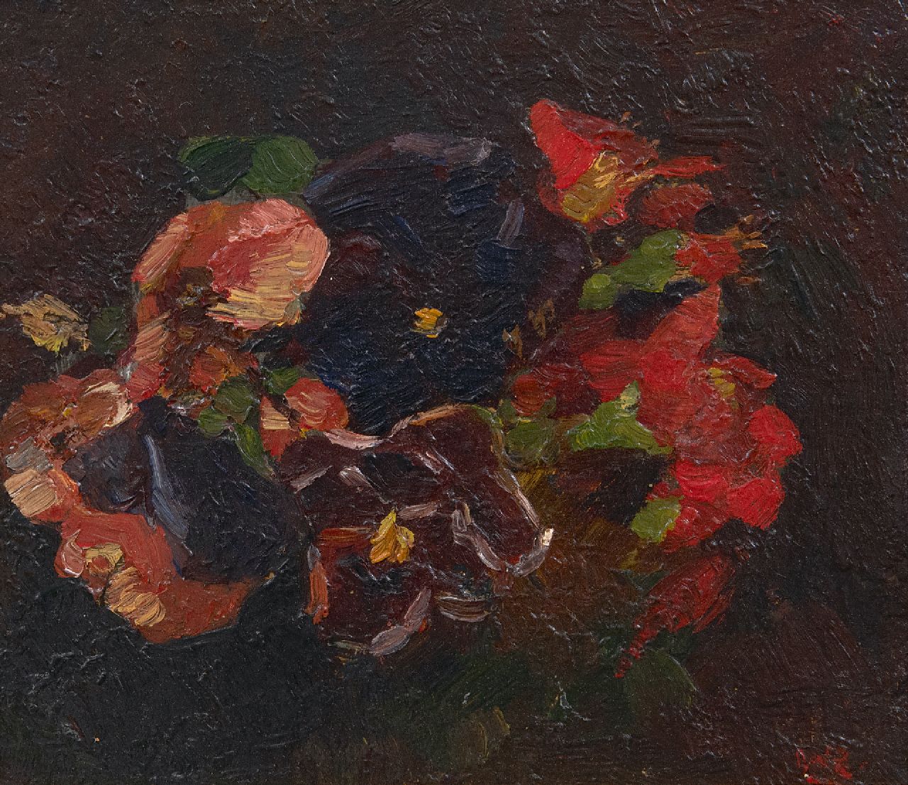 Zwart W.H.P.J. de | Wilhelmus Hendrikus Petrus Johannes 'Willem' de Zwart, Violen en rode Oost-Indische kers, olieverf op paneel 13,1 x 15,2 cm, gesigneerd rechtsonder met initialen