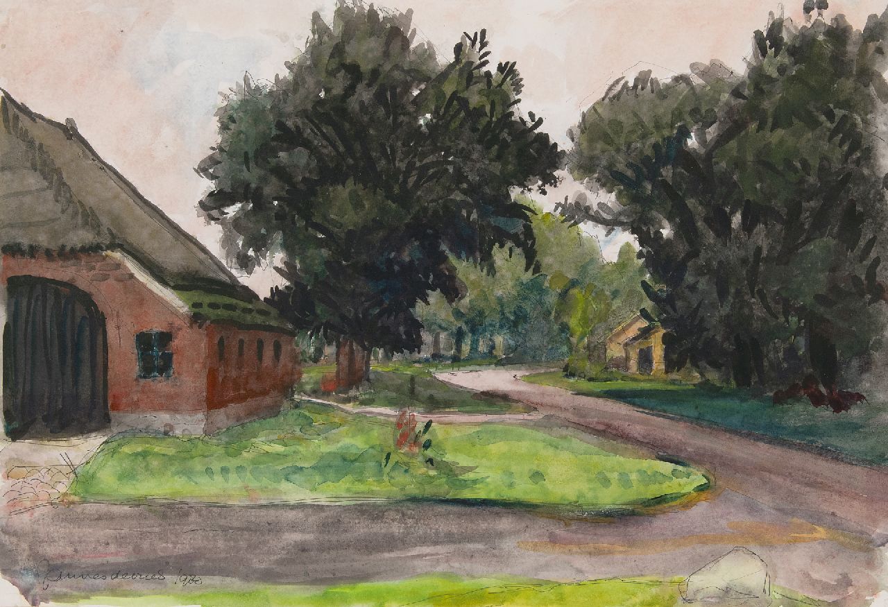 Vries J. de | Jannes de Vries, Boerenerf in Drenthe, pen en inkt en aquarel op papier 41,6 x 60,1 cm, gesigneerd linksonder en gedateerd 1980 Vries J. de | Jannes de Vries, Boerenerf in Drenthe, pen en inkt en aquarel op papier 41,6 x 60,1 cm, gesigneerd linksonder en gedateerd 1980