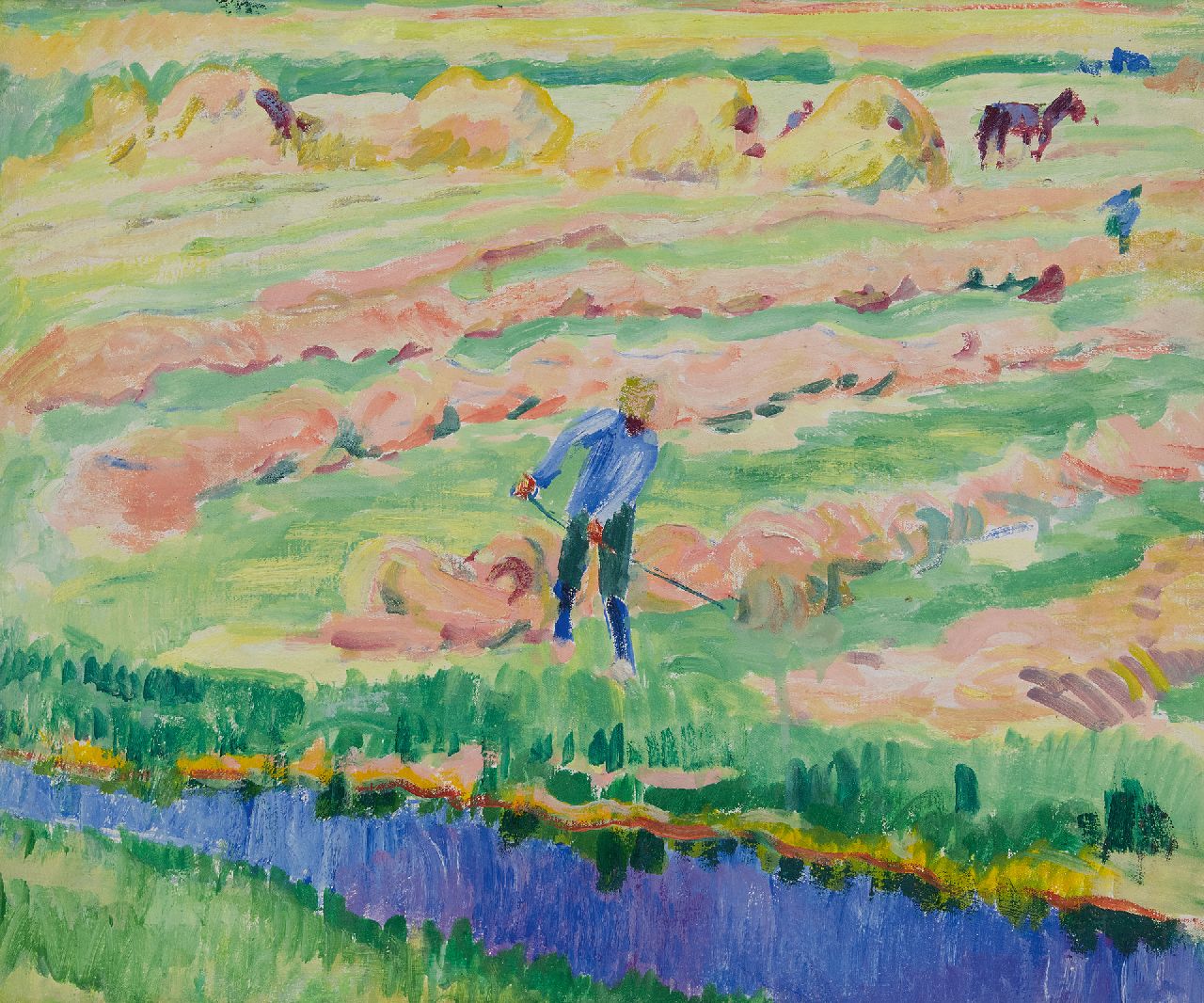 Altink J.  | Jan Altink | Schilderijen te koop aangeboden | Gronings landschap met hooiende boer, olieverf op doek 50,3 x 60,2 cm, te dateren ca. 1928